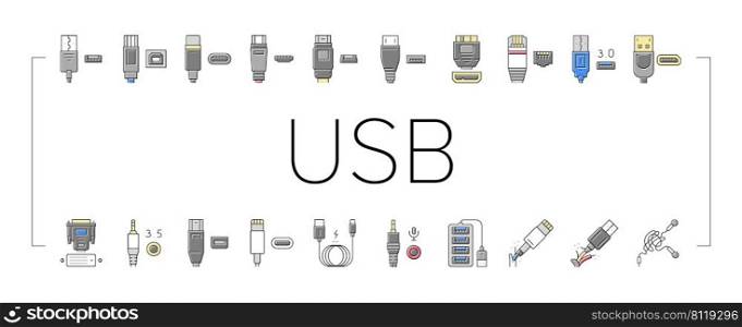 Usb Cable And Port Purchases Icons Set Vector. 3.0 Usb Cable And Dp Displayport, Tangle Earphone And Hub, Thunderbolt And Charger, Mini Jack And Microphone Line. Color Illustrations. Usb Cable And Port Purchases Icons Set Vector