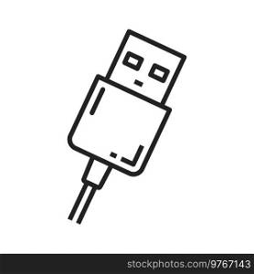 USB connection plug isolated outline icon. Vector standard input, booster charge, signal connector equipment. USB type A data cable to connect smartphones and micro-usb devices, line art charger. Standard input USB connection plug isolated icon