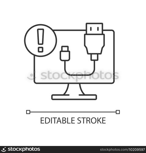 USB does not work linear icon. Cable connection issue. Desktop computer problem. Software error. Thin line customizable illustration. Contour symbol. Vector isolated outline drawing. Editable stroke. USB does not work linear icon