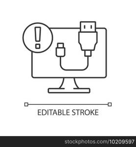 USB does not work linear icon. Cable connection issue. Desktop computer problem. Software error. Thin line customizable illustration. Contour symbol. Vector isolated outline drawing. Editable stroke. USB does not work linear icon