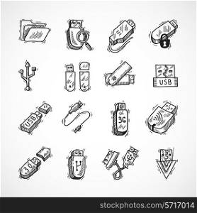Usb drive computer information technology decorative icons sketch set isolated vector illustration