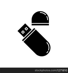 USB flash drive black glyph icon. Compact data storage device. Memory stick. Thumb drive, key. Transferring information. Silhouette symbol on white space. Vector isolated illustration