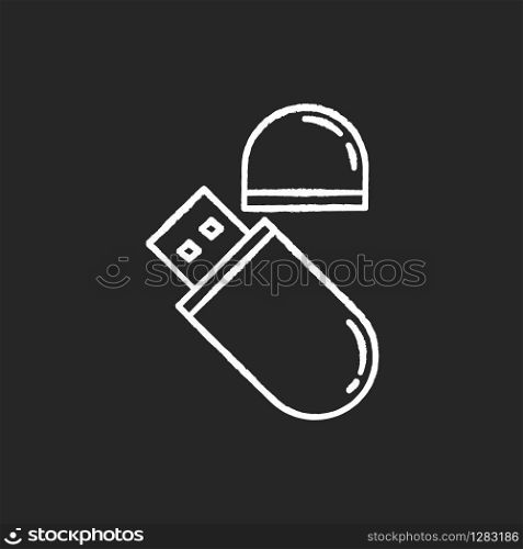 USB flash drive chalk white icon on black background. Compact data storage device. Memory stick. Thumb drive, key. Small portable electronic gadget. Isolated vector chalkboard illustration