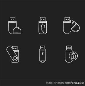 USB flash drive chalk white icons set on black background. Compact data storage device. Memory stick. Thumb drive, key. Small portable electronic gadget. Isolated vector chalkboard illustrations