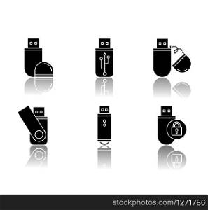 USB flash drive drop shadow black glyph icons set. Compact data storage device. Memory stick. Thumb drive, key. Transferring information. Small gadget. Isolated vector illustrations on white space