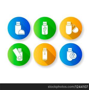 USB flash drive flat design long shadow glyph icons set. Data storage device. Memory stick. Thumb drive. Transferring information. Small portable electronic gadget. Silhouette RGB color illustration