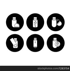 USB flash drive glyph icons set. Compact data storage device. Memory stick. Thumb drive, key. Transferring information. Small electronic gadget. Vector white silhouettes illustrations in black circles