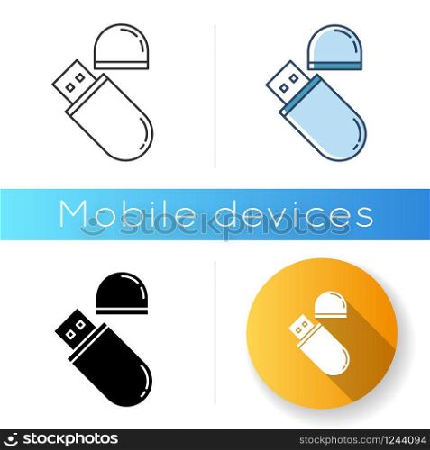USB flash drive icon. Compact data storage device. Memory stick. Thumb drive, key. Transferring information. Small electronic gadget. Linear black and RGB color styles. Isolated vector illustrations