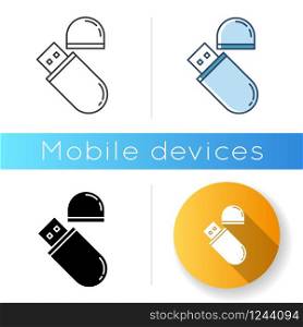 USB flash drive icon. Compact data storage device. Memory stick. Thumb drive, key. Transferring information. Small electronic gadget. Linear black and RGB color styles. Isolated vector illustrations