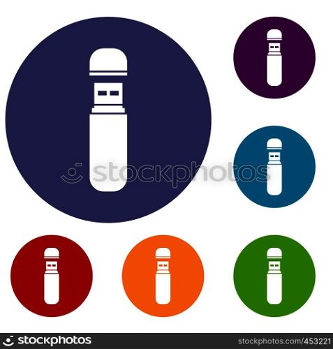 USB flash drive icons set in flat circle reb, blue and green color for web. USB flash drive icons set