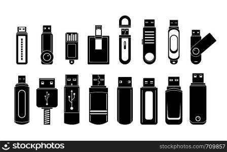 USB flash drive icons set. Simple illustration of 16 USB flash drive vector icons for web. USB flash drive icons set, simple style
