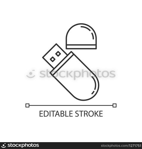 USB flash drive pixel perfect linear icon. Compact data storage device. Memory stick. Thumb drive. Thin line customizable illustration. Contour symbol. Vector isolated outline drawing. Editable stroke