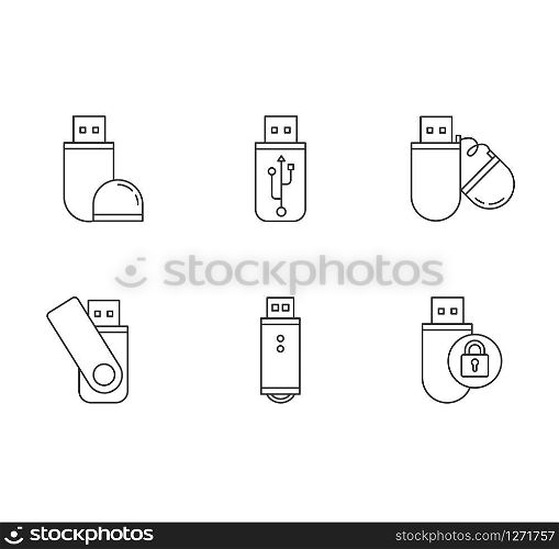 USB flash drive pixel perfect linear icons set. Compact data storage device. Memory stick. Thumb drive. Customizable thin line contour symbols. Isolated vector outline illustrations. Editable stroke