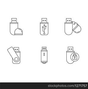 USB flash drive pixel perfect linear icons set. Compact data storage device. Memory stick. Thumb drive. Customizable thin line contour symbols. Isolated vector outline illustrations. Editable stroke