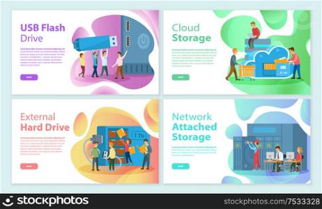 USB flash storage cloud, attached network memory posters set. People working on improving devices, media data store on hard drive disk of laptop pc. USB Flash Storage Cloud, Attached Network Memory