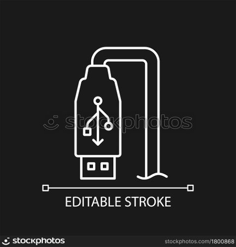 USB output white linear manual label icon for dark theme. Thin line customizable illustration. Isolated vector contour symbol for night mode for product use instructions. Editable stroke. USB output white linear manual label icon for dark theme