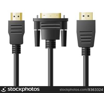 USB wire cable, phone chargers. Electric device of charging technology set of computer connector for network connection isolated on white background. Realistic vector illustration. USB wire cable, phone chargers. Electric device of charging technology set of computer connector