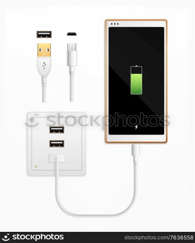 Usbport plug in charge realistic composition with set of isolated cable connectors ports socket and smartphone vector illustration