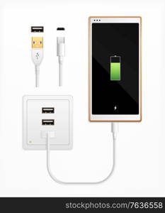 Usbport plug in charge realistic composition with set of isolated cable connectors ports socket and smartphone vector illustration