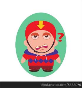 Use as Emoji or Mascot, Male Illustration Isolated on White Background for Web, Banner, Avatar, Poster or Advertisement. Worried, Questioning Funny Avatar of Little Person Cartoon Character in Vector