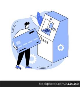 Use ATM isolated cartoon vector illustrations. Smiling girl near automated teller machine, holding plastic card, get cash money from ATM, withdrawal process, banking service vector cartoon.. Use ATM isolated cartoon vector illustrations.