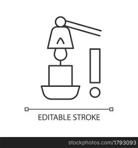 Use candle snuffer linear manual label icon. Blow out flame safely. Thin line customizable illustration. Contour symbol. Vector isolated outline drawing for product use instructions. Editable stroke. Use candle snuffer linear manual label icon