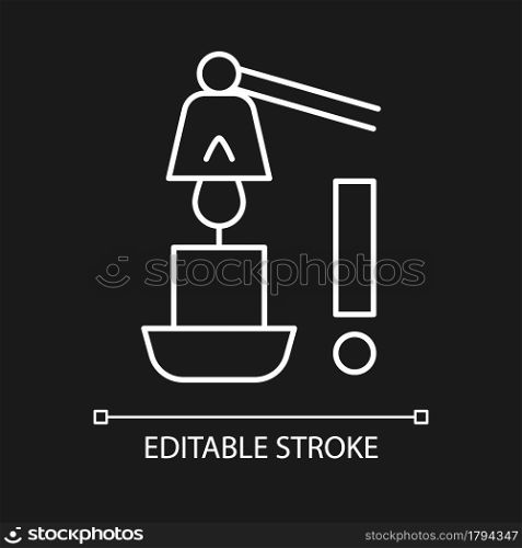 Use candle snuffer white linear manual label icon for dark theme. Thin line customizable illustration for product use instructions. Isolated vector contour symbol for night mode. Editable stroke. Use candle snuffer white linear manual label icon for dark theme