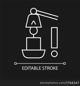 Use candle snuffer white linear manual label icon for dark theme. Thin line customizable illustration for product use instructions. Isolated vector contour symbol for night mode. Editable stroke. Use candle snuffer white linear manual label icon for dark theme
