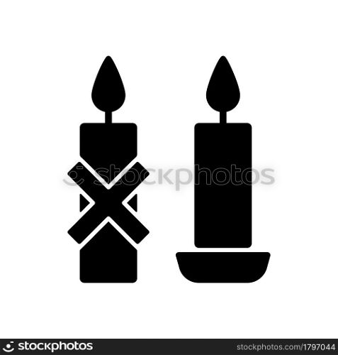 Use candleholder black glyph manual label icon. Hot wax spills prevention. Fitting candle inside stand. Silhouette symbol on white space. Vector isolated illustration for product use instructions. Use candleholder black glyph manual label icon