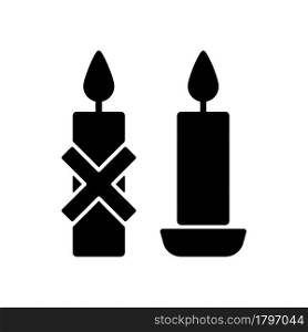 Use candleholder black glyph manual label icon. Hot wax spills prevention. Fitting candle inside stand. Silhouette symbol on white space. Vector isolated illustration for product use instructions. Use candleholder black glyph manual label icon
