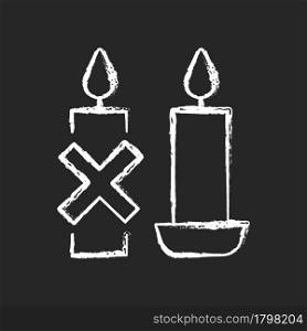 Use candleholder chalk white manual label icon on dark background. Hot wax spills prevention. Fitting candle inside stand. Isolated vector chalkboard illustration for product use instructions on black. Use candleholder chalk white manual label icon on dark background