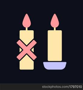 Use candleholder RGB color manual label icon for dark theme. Providing support. Isolated vector illustration on night mode background. Simple filled line drawing on black for product use instructions. Use candleholder RGB color manual label icon for dark theme