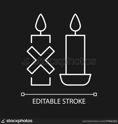 Use candleholder white linear manual label icon for dark theme. Thin line customizable illustration for product use instructions. Isolated vector contour symbol for night mode. Editable stroke. Use candleholder white linear manual label icon for dark theme