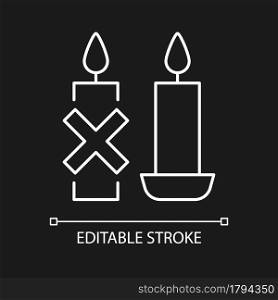 Use candleholder white linear manual label icon for dark theme. Thin line customizable illustration for product use instructions. Isolated vector contour symbol for night mode. Editable stroke. Use candleholder white linear manual label icon for dark theme