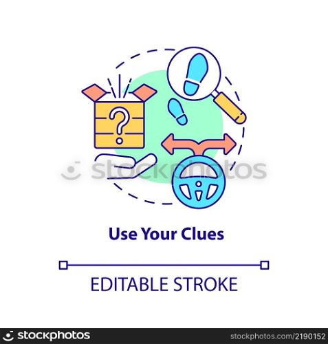 Use clues concept icon. Escape room winning approach abstract idea thin line illustration. Solving puzzles and riddles. Isolated outline drawing. Editable stroke. Arial, Myriad Pro-Bold fonts used. Use clues concept icon