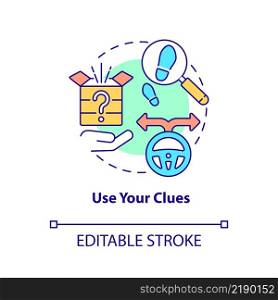 Use clues concept icon. Escape room winning approach abstract idea thin line illustration. Solving puzzles and riddles. Isolated outline drawing. Editable stroke. Arial, Myriad Pro-Bold fonts used. Use clues concept icon