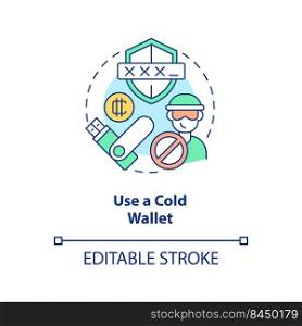 Use cold wallet concept icon. Hardware for trader. Cryptocurrency security abstract idea thin line illustration. Isolated outline drawing. Editable stroke. Arial, Myriad Pro-Bold fonts used. Use cold wallet concept icon