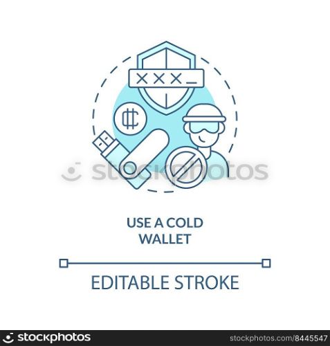 Use cold wallet turquoise concept icon. Hardware for trader. Cryptocurrency security abstract idea thin line illustration. Isolated outline drawing. Editable stroke. Arial, Myriad Pro-Bold fonts used. Use cold wallet turquoise concept icon