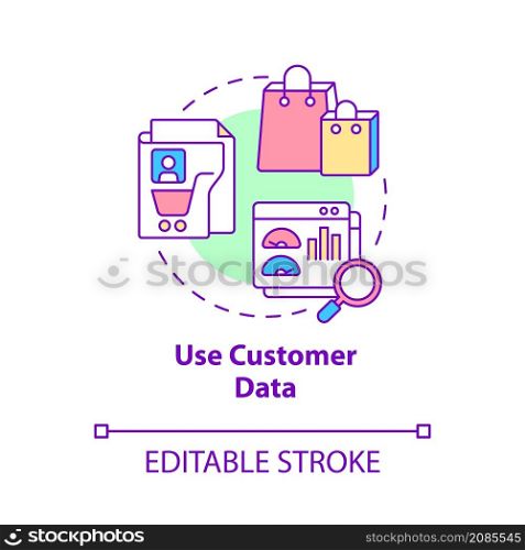 Use customer data concept icon. Personalized information collection abstract idea thin line illustration. Isolated outline drawing. Editable stroke. Roboto-Medium, Myriad Pro-Bold fonts used. Use customer data concept icon