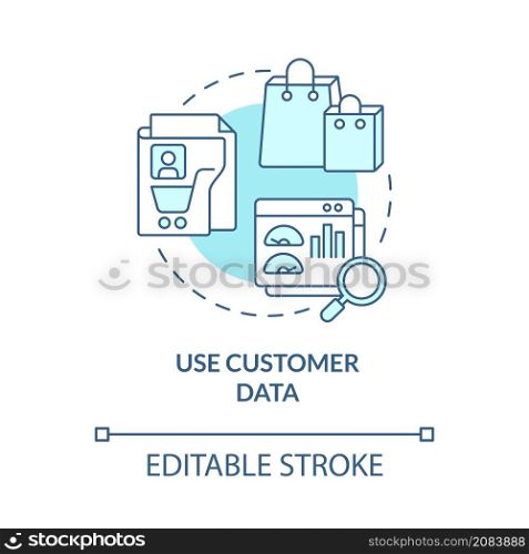 Use customer data turquoise concept icon. Personalized information collection abstract idea thin line illustration. Isolated outline drawing. Editable stroke. Roboto-Medium, Myriad Pro-Bold fonts used. Use customer data turquoise concept icon
