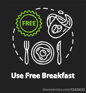 Use free breakfast chalk RGB color concept icon. Budget travel, cost effective nutrition idea. Morning meal on the house. Vector isolated chalkboard illustration on black background