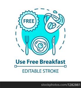 Use free breakfast concept icon. Budget travel, cost effective nutrition idea thin line illustration. Morning meal on the house. Vector isolated outline RGB color drawing. Editable stroke