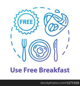 Use free breakfast concept icon. Budget travel, cost effective nutrition, money saving travel idea thin line illustration. Morning meal on the house. Vector isolated outline RGB color drawing