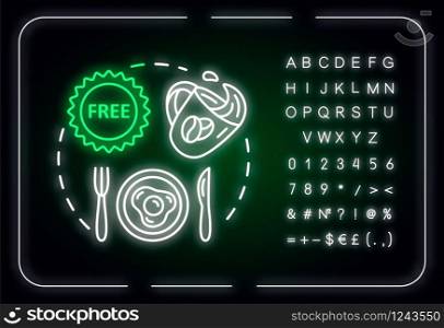 Use free breakfast neon light concept icon. Budget travel, cost effective nutrition idea. Outer glowing sign with alphabet, numbers and symbols. Vector isolated RGB color illustration