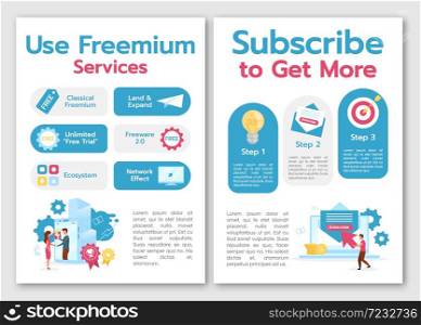 Use freemium services brochure template. Subscribe to get more. Flyer, booklet, leaflet concept with flat illustrations. Vector page cartoon layout for magazine. advertising invitation with text space. Use freemium services brochure template