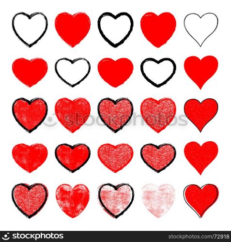 Use it in all your designs. Set red hearts signs with black contour and texture created in handmade watercolor technique. This vector illustration graphic element for design saved in 10 eps