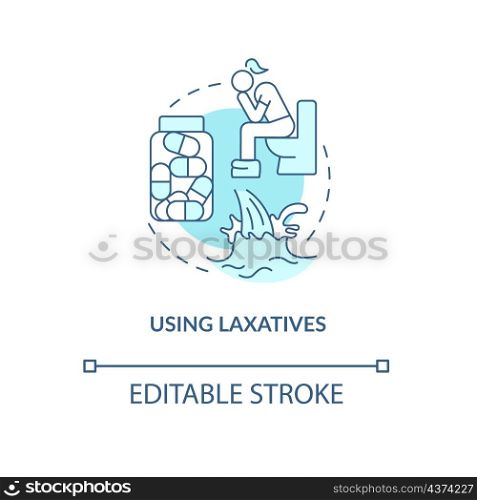 Use laxatives turquoise concept icon. Take medications. Constipation therapy abstract idea thin line illustration. Isolated outline drawing. Editable stroke. Roboto-Medium, Myriad Pro-Bold fonts used. Use laxatives turquoise concept icon