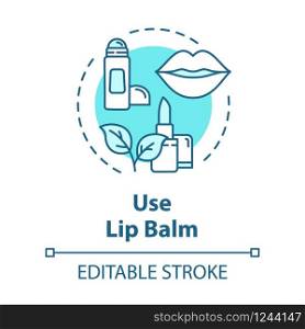 Use lip balm, hygienic product concept icon. Skin protection and moisturizing, lipstick, chapped lip prevention idea thin line illustration. Vector isolated outline RGB color drawing. Editable stroke