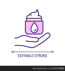 Use moisturizing cosmetic products RGB color icon. Hand with jar of cream. Skincare routine. Isolated vector illustration. Simple filled line drawing. Editable stroke. Arial font used. Use moisturizing cosmetic products RGB color icon