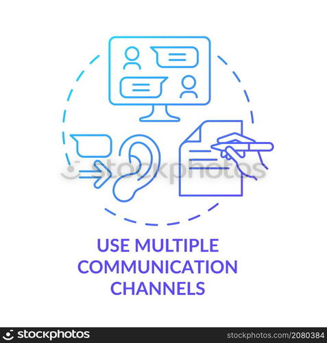 Use multiple communication channels blue gradient concept icon. Teamwork abstract idea thin line illustration. Isolated outline drawing. Roboto-Medium, Myriad Pro-Bold fonts used. Use multiple communication channels blue gradient concept icon